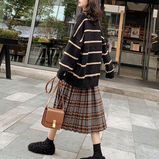 Striped Sweater / Plaid Midi A-line Skirt