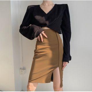 V-neck Knit Top / Side-slit Skirt