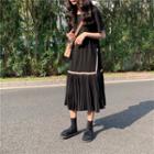 Short-sleeve Pleated Panel Midi Dress Black - One Size