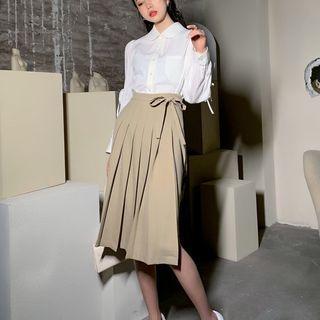 Tie-waist Pleated Midi A-line Skirt