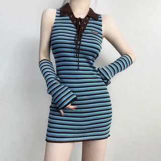 Set: Sleeveless Striped Lace-up Front Polo Dress+ Arm Sleeve