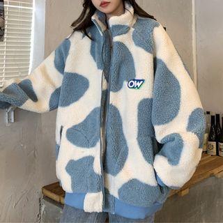 Cow Print Faux Shearling Zip Jacket