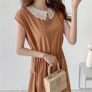 Lace-collar Drawstring-waist Dress