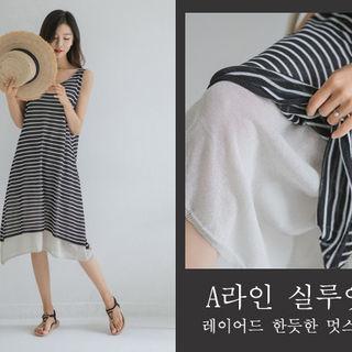 Sleeveless Stripe Linen Blend Knit Dress