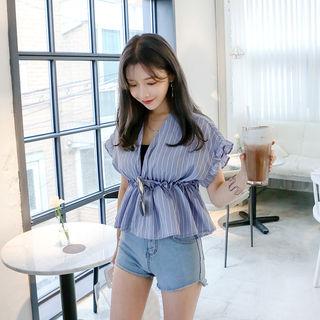 Wrap-front Frilled-detail Striped Top