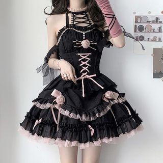 Cold-shoulder Flower Detail Lace Up Mini A-line Dress / Headpiece / Arm Sleeves / Set