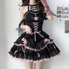 Cold-shoulder Flower Detail Lace Up Mini A-line Dress / Headpiece / Arm Sleeves / Set