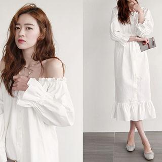 Off-shoulder Ruffle-hem Long Shirtdress