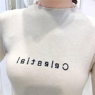 Mock-neck Letter Embroidered Long-sleeve Knit Top