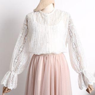 Bubble-sleeved Embroidered Lace Top With Camisole