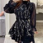 Set: Sequined Vest + Bell-sleeve Lace Blouse