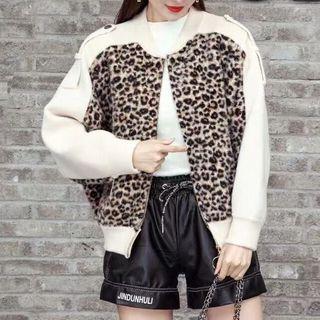 Leopard Panel Zip-up Knit Jacket