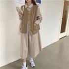 Single-breasted Vest / Long-sleeve Henley Midi Shirtdress