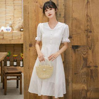 Puff-sleeve Wide-collar Eyelet Lace A-line Dress