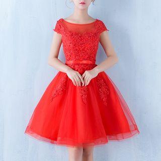 Lace Appliqu  Short Sleeve Mini Prom Dress