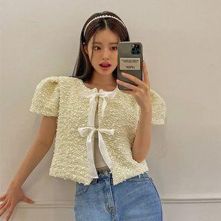 Puff-sleeve Tie-front Tweed Jacket