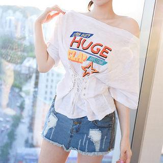Off-shoulder Lace-up Front Lettering T-shirt