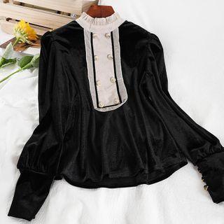 Mock-neck Velvet Blouse Black - One Size