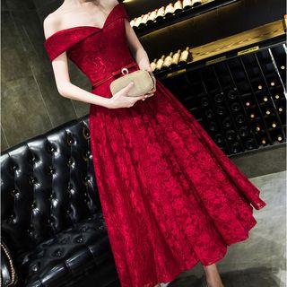 Off Shoulder Lace Midi Evening Dress