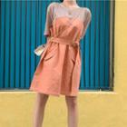 Short-sleeve T-shirt / Buttoned Wide-leg Dungaree Shorts / Mock Two-piece Dress / Set