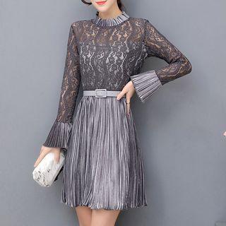Long-sleeve Lace Panel Pleated A-line Mini Dress