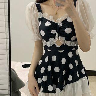 Puff-sleeve Dotted Ruffle Trim Swimdress