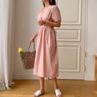 Puff-sleeve Tie-waist Dress Pink - One Size