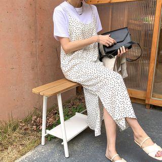 Slit-side Dotted Long Pinafore Dress