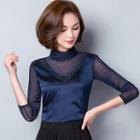 Long-sleeve Mock-neck Mesh Panel T-shirt