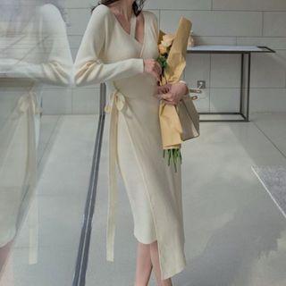Long-sleeve Plain Knit Dress / Loose Fit Cardigan