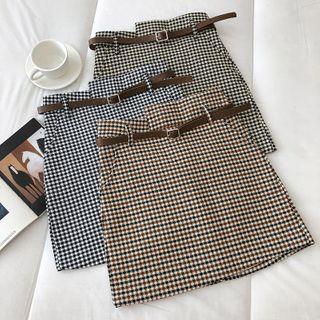 Asymmetrical Plaid High-waist A-line Skirt With Belt