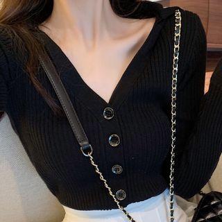 Buttoned Long-sleeve Knit Top Black - One Size