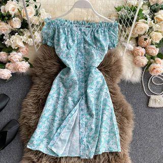 Flower Print Off-shoulder A-line Dress Green - One Size