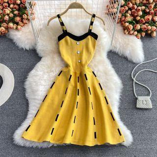 Spaghetti Strap Printed Knit Midi A-line Dress