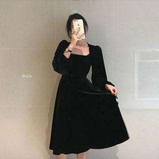Square-neck Velvet Midi Dress