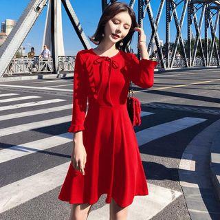 3/4-sleeve Frill-trim A-line Dress