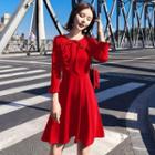 3/4-sleeve Frill-trim A-line Dress