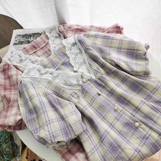 Plaid Lace-trim Puff-sleeve Blouse