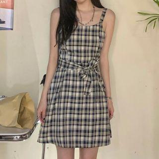 Spaghetti Strap Plaid Mini A-line Dress Plaid - Dark Gray & White - One Size