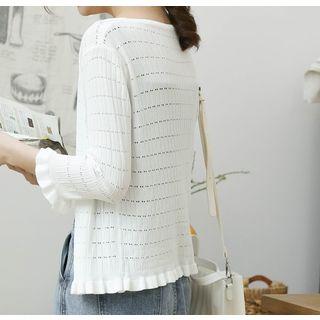 3/4-sleeve Frill Trim Cardigan White - One Size
