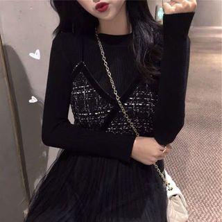 Long-sleeve Top / Spaghetti Strap Mesh Panel Midi A-line Dress / Set