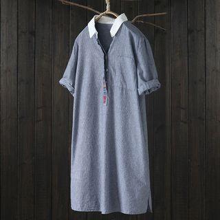 Contrast Collar Embroidered Short-sleeve Shirt Dress