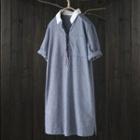 Contrast Collar Embroidered Short-sleeve Shirt Dress