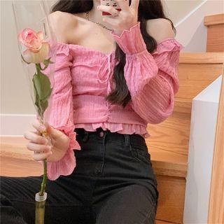 Bell-sleeve Off-shoulder Drawstring Blouse / High-waist Split Jeans