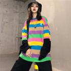 Panel Sleeve Rainbow Stripe Letter A Embroidered Top Stripe - One Size