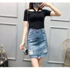 Set: Short-sleeve Cutout Top + A-line Denim Mini Skirt