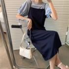 Short-sleeve Crinkled T-shirt / Midi A-line Pinafore Dress