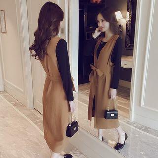 Set: Long-sleeve T-shirt + Tie-waist Midi Pinafore Dress