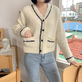 V-neck Contrast-trim Boucle-knit Cardigan