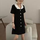 Short-sleeve Two Tone Button-up Mini Dress Black - One Size
